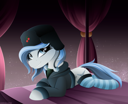 Size: 2841x2314 | Tagged: safe, artist:andaluce, imported from derpibooru, oc, oc only, oc:haze northfleet, pegasus, pony, bed, clothes, cute, female, hat, high res, hoodie, lineless, looking at you, lying down, mare, ocbetes, prone, signature, simple background, smiling, smiling at you, socks, solo, striped socks, ushanka