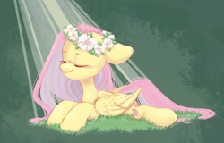 Size: 1666x1068 | Tagged: safe, artist:melodylibris, imported from derpibooru, fluttershy, pegasus, pony, content, crepuscular rays, cute, eyes closed, female, floppy ears, floral head wreath, flower, folded wings, grass, lying down, mare, prone, shyabetes, smiling, solo, wings, wreath