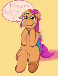 Size: 1583x2048 | Tagged: safe, artist:cmpost5, idw, imported from derpibooru, sunny starscout, earth pony, pony, spoiler:comic, spoiler:g5comic, spoiler:g5comic02, crying, female, g5, mare, simple background, yellow background