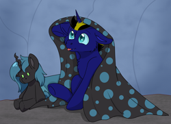 Size: 4040x2928 | Tagged: safe, artist:rokosmith26, imported from derpibooru, oc, oc only, alicorn, changeling, hybrid, pony, :p, blanket, blue eyes, changeling prince, cheek fluff, chest fluff, colt, commission, fangs, floppy ears, foal, horn, hybrid oc, looking up, male, plushie, pony plushie, sitting, slit pupils, smiling, solo, tongue out, underhoof, ych result