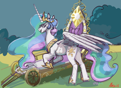 Size: 5499x3994 | Tagged: safe, artist:alumx, imported from derpibooru, princess celestia, alicorn, pony, season 1, swarm of the century, bush, butt, carriage, chariot, female, grass, high res, jewelry, mare, plot, regalia, solo, sunbutt