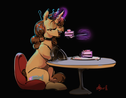 Size: 3278x2559 | Tagged: safe, artist:alumx, imported from derpibooru, oc, oc only, oc:buttercup shake, pony, unicorn, black background, cake, crown, eating, female, food, jewelry, levitation, magic, mare, open mouth, regalia, simple background, solo, telekinesis