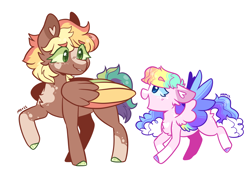 Size: 2914x2048 | Tagged: safe, artist:moccabliss, imported from derpibooru, oc, oc only, oc:autumn breeze, oc:sunshine melody, pegasus, pony, female, filly, foal, magical lesbian spawn, mare, offspring, parent:applejack, parent:rainbow dash, parents:appledash, simple background, white background