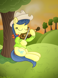 Size: 3016x4032 | Tagged: safe, artist:rainbowšpekgs, imported from derpibooru, fiddlesticks, earth pony, pony, apple family member, clothes, cottagecore, evening, eyes closed, female, fiddle, grass, hat, hill, mare, musical instrument, scarf, scenery, show accurate, sitting, smiling, solo, sunset, tail, tree, violin