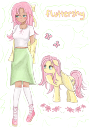 Size: 1640x2360 | Tagged: safe, artist:laceyl, imported from derpibooru, fluttershy, human, pegasus, pony, dark skin, female, human ponidox, humanized, mare, self paradox, self ponidox, simple background, white background