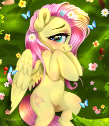 Size: 1767x2029 | Tagged: safe, artist:darksly, imported from derpibooru, fluttershy, butterfly, pegasus, pony, bedroom eyes, belly, belly button, blushing, body pillow, body pillow design, cute, female, flower, flower in hair, grass, looking at you, mare, shyabetes, solo