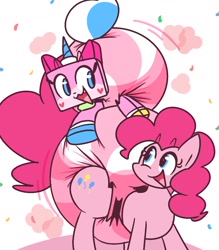 Size: 1434x1635 | Tagged: safe, artist:shslsadcat, imported from derpibooru, pinkie pie, earth pony, pony, crossover, diaper, diaper fetish, duo, female, fetish, lego, looking at each other, looking at someone, mare, non-baby in diaper, open mouth, open smile, poofy diaper, smiling, unikitty