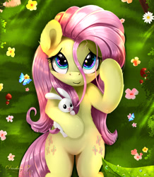 Size: 1772x2029 | Tagged: safe, artist:darksly, imported from derpibooru, angel bunny, fluttershy, butterfly, pegasus, pony, rabbit, animal, bedroom eyes, blushing, body pillow, body pillow design, cute, female, flower, grass, looking at you, male, mare, shyabetes, solo