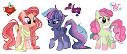 Size: 1497x637 | Tagged: safe, artist:dixieadopts, imported from derpibooru, oc, oc only, oc:apple poison, oc:pink ocean, oc:scandalous night, earth pony, pony, unicorn, clothes, female, freckles, magical lesbian spawn, mare, offspring, parent:big macintosh, parent:fluttershy, parent:pinkie pie, parent:rainbow dash, parent:sandbar, parent:twilight sparkle, parents:fluttermac, parents:sandpie, parents:twidash, scarf, simple background, transparent background, trio, watermark