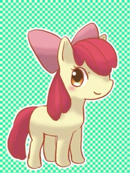 Size: 603x800 | Tagged: safe, artist:rao129, imported from derpibooru, apple bloom, earth pony, pony, female, filly, foal, hair over one eye, smiling, solo