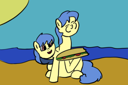 Size: 3000x2000 | Tagged: safe, artist:anonymous, oc, oc only, oc:eeny meeny, oc:miney moe, earth pony, pony, beach, conjoined, conjoined twins, eating, eyes closed, female, food, mare, multiple heads, open mouth, sand, sandwich, sitting, smiling, sun, two heads, water