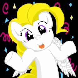 Size: 894x894 | Tagged: safe, imported from derpibooru, surprise, pegasus, pony, black background, female, mare, shrug, simple background, smiling, streamers, tongue out, wings