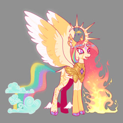 Size: 1280x1280 | Tagged: safe, artist:dawnwhinery, imported from twibooru, princess celestia, alicorn, pony, cloud, cloven hooves, coat markings, colored hooves, curved horn, feathered ears, female, fire hair, horn, image, jewelry, mare, needs more jpeg, open mouth, redesign, regalia, simple background, solo, spread wings, star (coat marking), two toned wings, winged hooves, wings