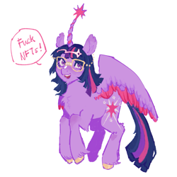 Size: 1665x1665 | Tagged: safe, artist:dawnwhinery, imported from twibooru, twilight sparkle, alicorn, pony, colored hooves, colored wings, female, glasses, hoof fluff, image, mare, mouthpiece, open mouth, png, simple background, solo, speech bubble, white background, wings