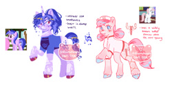 Size: 1280x644 | Tagged: safe, artist:dawnwhinery, imported from twibooru, nurse redheart, sea swirl, seafoam, oc, earth pony, pony, unicorn, adoptable, alternate cutie mark, alternate design, clothes, coat markings, colored hooves, duo, female, image, mare, needs more jpeg, raised hoof, simple background, smiling, text, wavy mane, white background