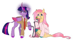 Size: 2550x1436 | Tagged: safe, artist:dawnwhinery, imported from twibooru, fluttershy, twilight sparkle, alicorn, pegasus, pony, angry, chains, clothes, colored hooves, crossover, cupcake, curved horn, duo, eating, facial markings, female, food, horn, image, leonine tail, looking at you, mare, missing wing, necktie, png, simple background, transparent background, two toned wings, wings