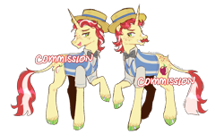 Size: 2500x1500 | Tagged: safe, artist:dawnwhinery, imported from twibooru, flam, flim, pony, unicorn, bowtie, brothers, clothes, cloven hooves, colored hooves, duo, facial markings, freckles, hat, image, leonine tail, looking at each other, male, obtrusive watermark, open mouth, png, raised hoof, siblings, simple background, smiling, stallion, transparent background, twins, watermark