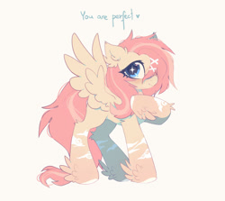 Size: 1680x1500 | Tagged: safe, artist:mirtash, edit, editor:edits of hate, imported from twibooru, fluttershy, pegasus, pony, alternate design, blushing, coat markings, cute, feathered fetlocks, female, hair over one eye, heart, image, looking at you, mare, needs more jpeg, raised hoof, simple background, smiling, solo, spread wings, text, white background, wings