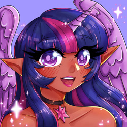 Size: 1280x1280 | Tagged: safe, artist:ashes-arts, imported from derpibooru, twilight sparkle, human, bare shoulders, blushing, bust, choker, clothes, dark skin, elf ears, female, gem, high res, horn, horned humanization, humanized, lipstick, looking at you, portrait, simple background, solo, sparkles, winged humanization, wings