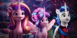 Size: 1280x634 | Tagged: safe, artist:annaxeptable, imported from derpibooru, princess cadance, princess flurry heart, shining armor, alicorn, pony, unicorn, 3d, clothes, crown, curly hair, everfree forest, family, female, g4, g4 to g5, g5, generation leap, i can't believe it's not hasbro studios, jewelry, male, mare, my little pony: a new generation, regalia, stallion, suit, tiara, trio, updo
