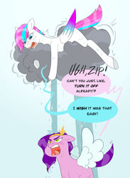 Size: 1637x2234 | Tagged: safe, artist:aztrial, imported from derpibooru, part of a set, pipp petals, zipp storm, pegasus, pony, annoyed, cloud, colored wings, colored wingtips, dialogue, duo, female, g5, mare, rain, royal sisters (g5), siblings, sisters, stormcloud, text, water, wet, wings