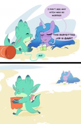 Size: 1045x1590 | Tagged: safe, artist:aztrial, imported from derpibooru, izzy moonbow, dragon, pony, unicorn, spoiler:my little pony: make your mark, 2 panel comic, baby, baby dragon, babysitting, beach, bucket, buried, comic, cup, cute, dialogue, drink, drinking straw, duo, duo male and female, eyebrows, eyebrows visible through hair, eyes closed, female, g5, implied hitch trailblazer, male, mare, my little pony: make your mark, open mouth, open smile, sand, smiling, sparky sparkeroni, sparkybetes, speech bubble, this will end in death, this will end in tears, this will end in tears and/or death, this will not end well