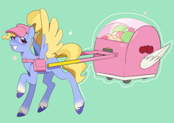 Size: 1961x1387 | Tagged: safe, artist:aztrial, imported from derpibooru, pegasus, pony, adorafifi, bag, cart, colored wings, cute, female, fifi (g5), fruit, g5, green background, happy, hat, mare, my little pony: tell your tale, ponytail, shoulder bag, simple background, smiling, solo, two toned wings, unshorn fetlocks, wings