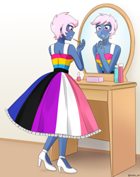 Size: 890x1125 | Tagged: safe, artist:riouku, imported from derpibooru, oc, oc:azure/sapphire, human, equestria girls, 50's fashion, femboy, genderfluid pride flag, high heels, lipstick, makeup, male, pansexual pride flag, pride, pride dress, pride flag, shoes