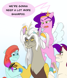 Size: 1777x2048 | Tagged: safe, artist:aztrial, idw, imported from derpibooru, discord, pipp petals, draconequus, earth pony, pegasus, pony, spoiler:comic, spoiler:g5, spoiler:g5comic, brush, claws, female, g5, jazz hooves, makeover, male, mare, old man discord, razor, rocky riff, scared, shampoo, stallion, sweat