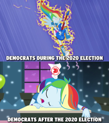 Size: 640x720 | Tagged: safe, edit, edited screencap, imported from derpibooru, screencap, rainbow dash, human, equestria girls, guitar centered, rainbow rocks, shake your tail, 2020, abortion, caption, current events, desk, electric guitar, female, guitar, image macro, musical instrument, paper airplane, politics, ponied up, power-up, republican, sleeping, solo, text