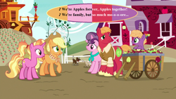 Size: 1280x720 | Tagged: safe, edit, edited screencap, imported from derpibooru, screencap, applejack, big macintosh, little mac, luster dawn, sugar belle, dog, pinkie apple pie, the last problem, apple, apple cart, applejack's hat, apples to the core, clothes, cowboy hat, cute, food, granny smith's shawl, hat, lyrics, older, older applejack, older big macintosh, older sugar belle, scarf, singing, song reference, speech bubble, sweet apple acres, text, vest