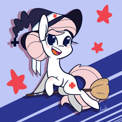 Size: 1280x1280 | Tagged: safe, artist:lilliesinthegarden, imported from derpibooru, nurse redheart, earth pony, pony, broom, cute, eyelashes, female, flying, flying broomstick, hat, heartabetes, nurse hat, open mouth, open smile, smiling, solo, stars, tail, witch hat