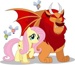 Size: 2945x2549 | Tagged: safe, artist:stellardusk, imported from derpibooru, fluttershy, manny roar, manticore, parasprite, pegasus, pony, alternate cutie mark, beast keeping coven, crossover, glowing, glowing eyes, looking at you, show accurate, simple background, the owl house, transparent background