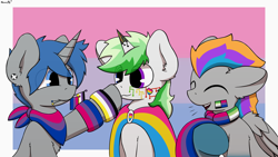 Size: 4444x2500 | Tagged: safe, artist:monycaalot, imported from derpibooru, oc, oc:far tail, oc:pixel codec, oc:techno muse, pegasus, pony, robot, robot pony, unicorn, aromantic pride flag, bisexual pride flag, brooch, cape, clothes, commission, handkerchief, heterochromia, jewelry, male, necktie, nonbinary, nonbinary pride flag, pansexual pride flag, pride, pride flag, pride month, ych result