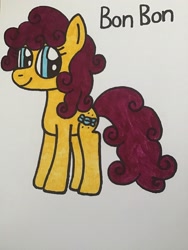 Size: 2448x3264 | Tagged: safe, artist:maddiedraws5678, imported from derpibooru, bon bon (g1), earth pony, pony, my little pony tales, blue eyes, colored, curly hair, curly mane, curly tail, cute, female, full body, g1, g1 adorabon, g1 to g4, g4, generation leap, hooves, mare, purple hair, purple mane, purple tail, simple background, smiling, solo, standing, tail, traditional art, white background