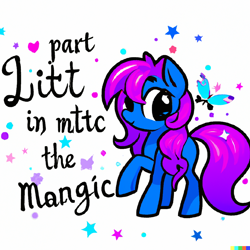 Size: 1024x1024 | Tagged: safe, imported from derpibooru, oc, unnamed oc, butterfly, earth pony, pony, ai content, ai generated, blank flank, caption, female, generator:dall-e 2, gibberish, heart, looking at you, mare, simple shading, solo, sparkles, stars, text