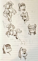 Size: 644x1024 | Tagged: safe, artist:mellodillo, imported from derpibooru, maud pie, earth pony, pony, behaving like pinkie pie, bust, female, lined paper, mare, monochrome, personality swap, pronking, solo, traditional art