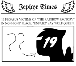 Size: 834x720 | Tagged: safe, artist:wonderwolf51, edit, edited screencap, editor:wonderwolf51, imported from derpibooru, screencap, pegasus, 19, blackletter, implied the rainbow factory, implied wonderwolfia, news report, newspaper