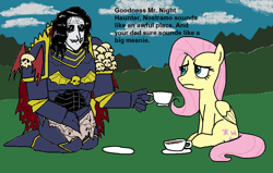 Size: 984x624 | Tagged: safe, artist:pantsuholocaust, imported from derpibooru, fluttershy, pegasus, pony, cup, konrad curze, night lords, tea party, teacup, warhammer (game), warhammer 40k
