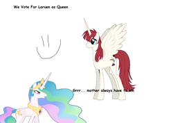 Size: 2222x1570 | Tagged: safe, artist:mia3193, imported from derpibooru, princess celestia, oc, oc:fausticorn, alicorn, pony, 1000 hours in ms paint, angry, celestia is not amused, crown, dialogue, female, horn, jewelry, lauren faust, mare, misspelling, regalia, simple background, smiley face, smiling, spread wings, sun, text, unamused, vote, white background, wings