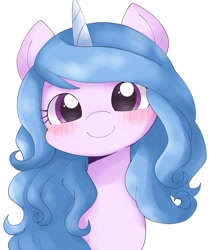 Size: 1650x1939 | Tagged: safe, artist:ginmaruxx, imported from derpibooru, izzy moonbow, pony, unicorn, blushing, bust, cute, female, g5, horn, izzybetes, looking at you, mare, simple background, smiling, smiling at you, solo, white background