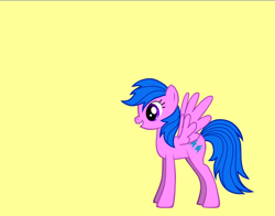 Size: 830x650 | Tagged: safe, artist:mia3193, imported from derpibooru, firefly, pegasus, pony, pony creator, female, g1, g1 to g4, g4, generation leap, mare, simple background, smiling, spread wings, wings, yellow background