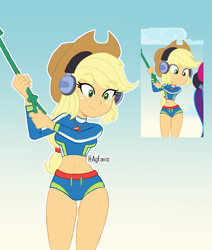 Size: 1487x1752 | Tagged: safe, artist:agfavio, imported from derpibooru, screencap, applejack, human, equestria girls, equestria girls series, lost and found, applejack's beach shorts swimsuit, clothes, female, headphones, hips, metal detector, redraw, screencap reference, shovel, solo, swimsuit