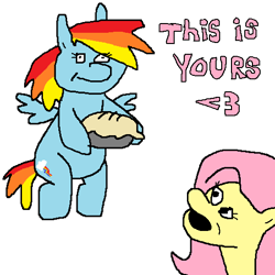 Size: 512x512 | Tagged: safe, artist:pantsuholocaust, imported from derpibooru, fluttershy, rainbow dash, pegasus, pony, 1000 hours in ms paint, bipedal, food, pie, simple background, transparent background