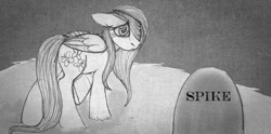 Size: 1154x571 | Tagged: safe, artist:aisu-isme, imported from derpibooru, fluttershy, pegasus, pony, fanfic:red eye, bandage, black and white, butt, female, floppy ears, gravestone, grayscale, implied death, implied spike, mare, monochrome, plot, sad, text, walking, wings