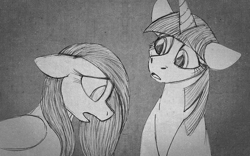Size: 940x587 | Tagged: safe, artist:aisu-isme, imported from derpibooru, fluttershy, twilight sparkle, pegasus, pony, unicorn, fanfic:red eye, black and white, female, grayscale, horn, looking down, mare, monochrome, sad, unicorn twilight, wings