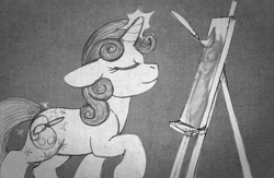 Size: 907x593 | Tagged: safe, artist:aisu-isme, imported from derpibooru, sweetie belle, pony, unicorn, fanfic:red eye, alternate cutie mark, black and white, canvas, eyes closed, female, filly, foal, grayscale, horn, magic, monochrome, paint, paintbrush, painting, raised hoof, smiling, solo, sparkles