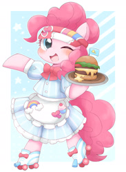 Size: 1556x2128 | Tagged: safe, artist:ginmaruxx, imported from derpibooru, pinkie pie, earth pony, pony, bipedal, blushing, bow, burger, cheeseburger, clothes, cute, diapinkes, dress, female, food, hamburger, headband, heart, looking at you, mare, one eye closed, open mouth, open smile, plate, roller skates, simple background, smiling, smiling at you, solo, stars, waitress, white background, wink, winking at you