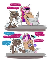 Size: 816x989 | Tagged: safe, artist:redxbacon, imported from derpibooru, princess cadance, princess flurry heart, oc, oc:parch well, alicorn, anthro, pegasus, unicorn, annoyed, baby, clothes, coffee, comic, dialogue, disguise, fake moustache, paper-thin disguise, psst, simple background, stuttering, sunglasses, trenchcoat, white background