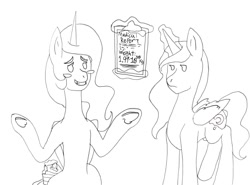 Size: 1700x1259 | Tagged: safe, artist:zhaozoharex, imported from derpibooru, princess celestia, princess luna, alicorn, pony, blushing, cake, clipboard, duo, female, food, luna is not amused, monochrome, simple background, sketch, unamused, white background